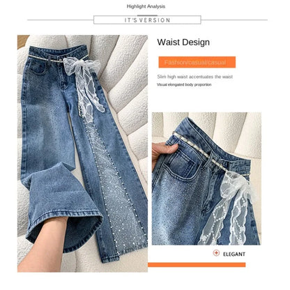 Women Jeans Pants Baggy Jeans Spring Flare Trousers Lace Applique Crystal Wide Leg Pearl Slit Distressed Design