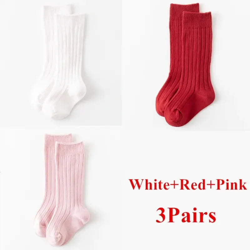 3Pairs/Lot Baby Knee High Socks Kids Girls Boys Soft Cotton Long Sock Cute Spanish Stripe Solid Children Socken For 0-8Years