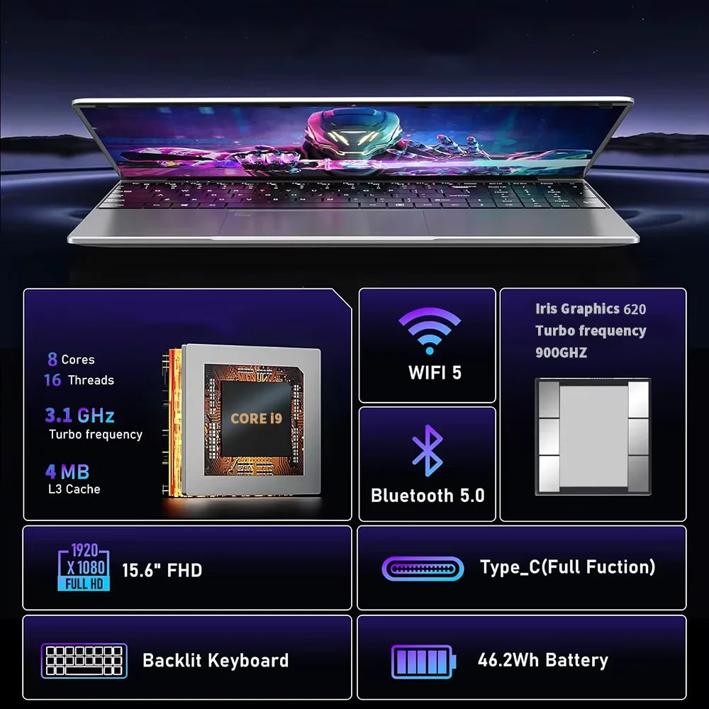 15.6" Laptop Computer Windows 11 Core i9-10980HK PC Gamer 16GB RAM Fingerprint Unlock Notebook Laptops Backlight Study Computer