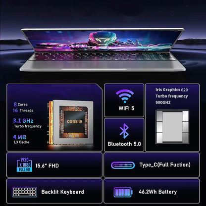 15.6" Laptop Computer Windows 11 Core i9-10980HK PC Gamer 16GB RAM Fingerprint Unlock Notebook Laptops Backlight Study Computer