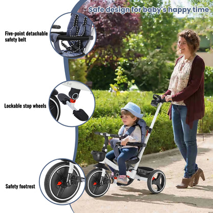 Foldable Children's Tricycle – Adjustable Parent Handle, Wheel Brakes, Removable Hood, Backrest & Safety Seat