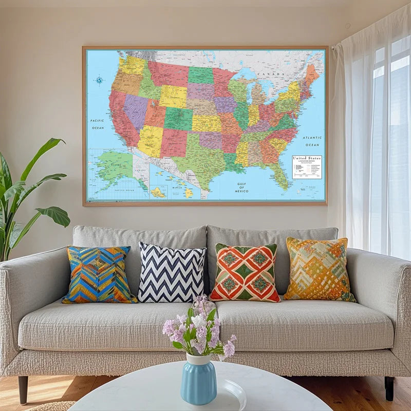 Canvas US American Administrative Map Unframed In English Prints Art Pictures Decoration Office Wall Decor Map School Supplies