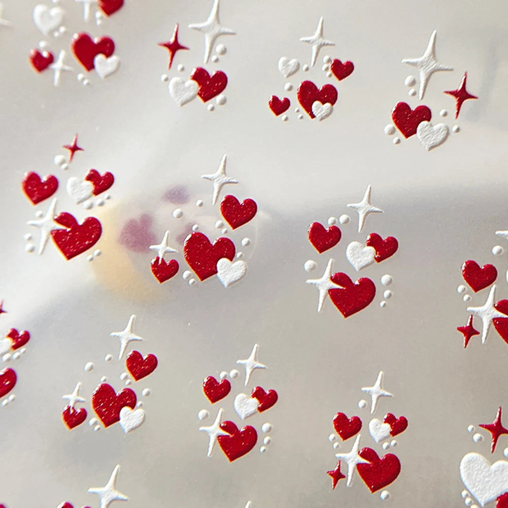 3D Valentine's Day Love Heart Nail Art Sticker Red White Cross Stars Self-Adhesive Nail Decals 8*10cm Kawaii Heart Nail Sticker