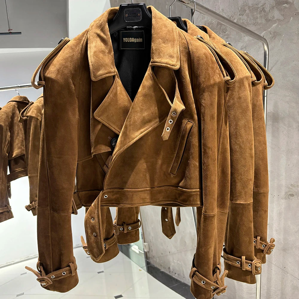 YOLOAgain Wide Shoulder Real Leather Jacket Women Oversized Genuine Leather Cropped Jacket