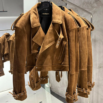 YOLOAgain Wide Shoulder Real Leather Jacket Women Oversized Genuine Leather Cropped Jacket