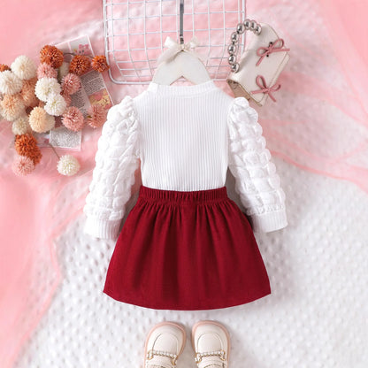0-3Y Baby Girl Outfit Set 2pcs Puffy Sleeve Heart Shape Top and Corduroy Skirts Valentines Day Sweet Toddler Kids Clothes Girls