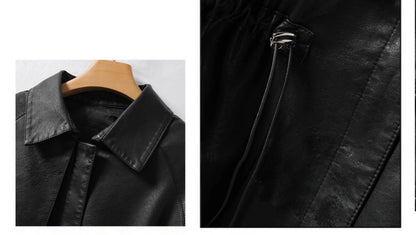 M-4XL Women's Sheepskin Coat Fashion Khaki Zipper Elastic Waist Female Long Sleeve Casual Loose Split Leather Jackets 2024 New