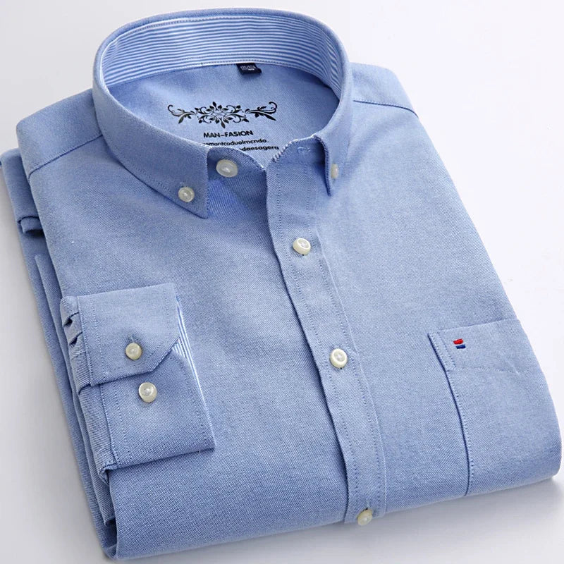 Classic Fit Cotton Full Casual Shirts for Men Solid Color Long-Sleeve Plain Shirt Single Pocket Top Soft Slim Fit Formal Clothes