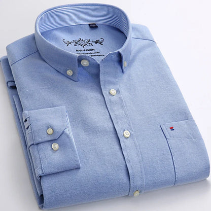 Classic Fit Cotton Full Casual Shirts for Men Solid Color Long-Sleeve Plain Shirt Single Pocket Top Soft Slim Fit Formal Clothes
