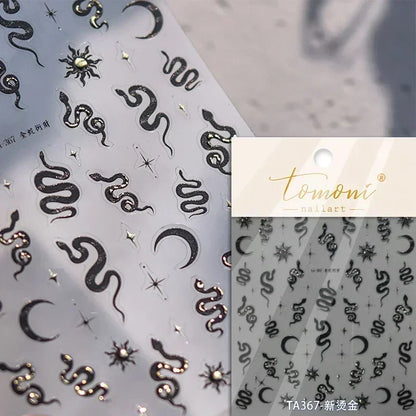 5D Gold Stamped Silver Sun Stars Snake Nail Art Stickers Totems Reliefs Self Adhesive Dark Chinese Style Manicure Decals