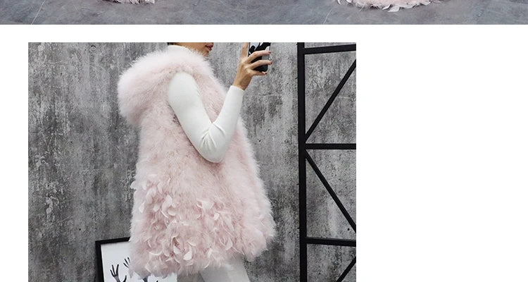 New Turkey feather waistcoat with hat and big swing, medium and long fur coat can be customized