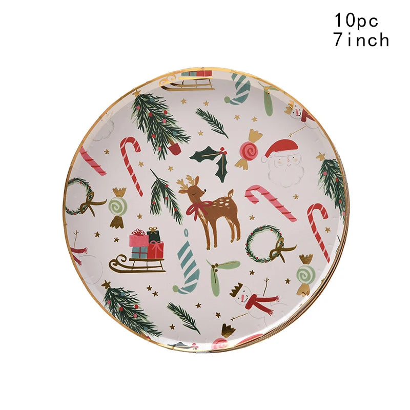 2026 Christmas Party Disposable Tableware Cartoon Bronzing Deer Pattern Plates Cups Santa Claus Napkin Merry Christmas Supplies