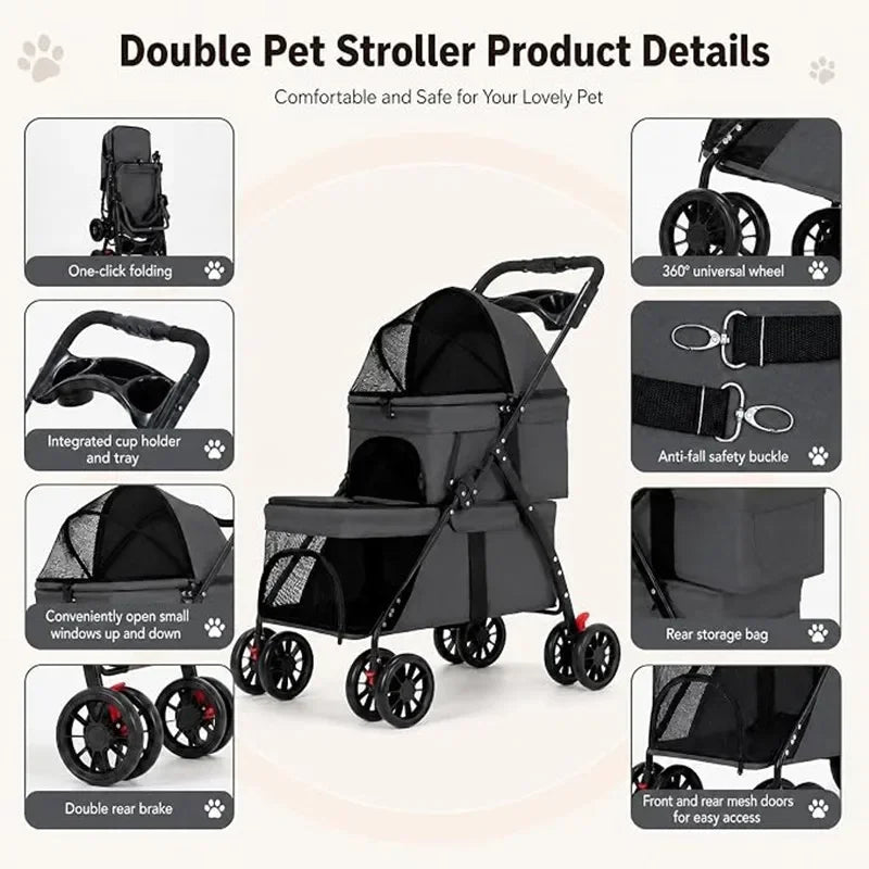 Dual‑Layer Pet Stroller Foldable Travel Dog Cat Cart Breathable Mesh Wagon with Cup Holder Storage Bag for Small Animals