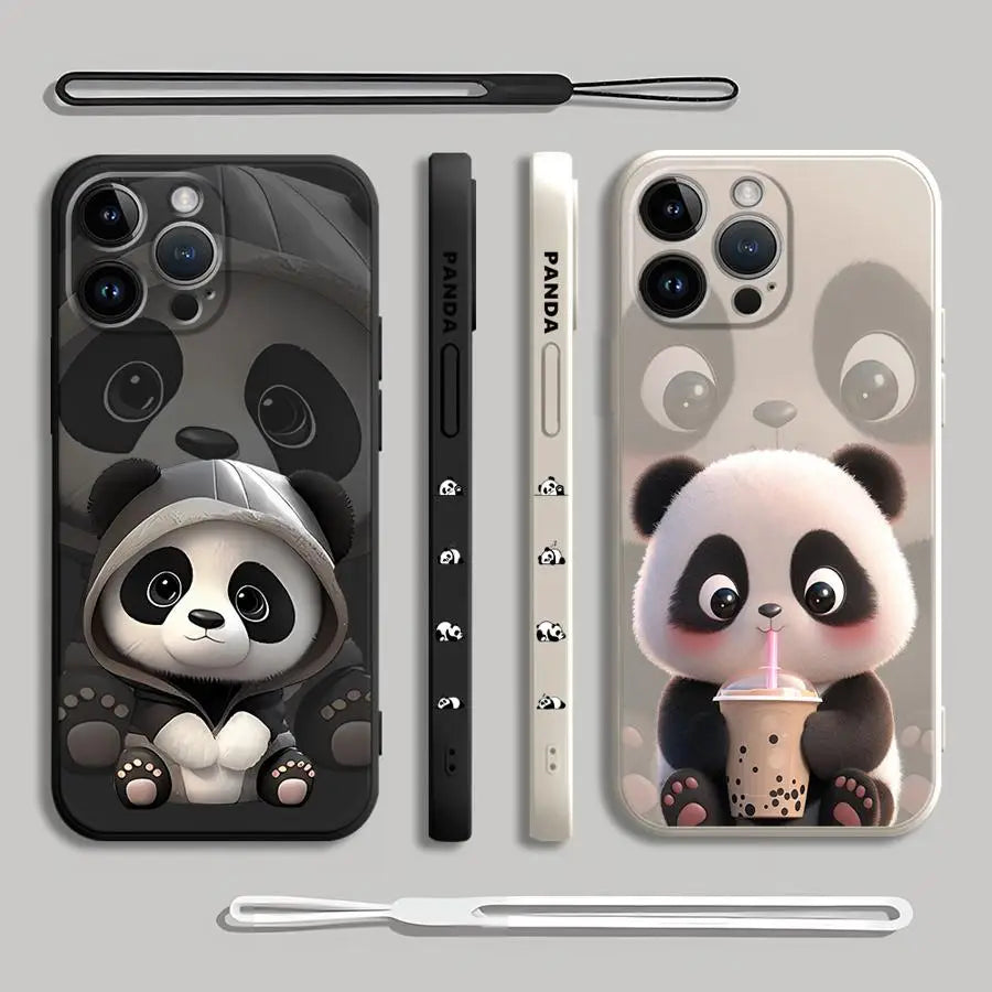 Cute Panda Phone Case for iPhone 11 13 16 Pro 14ProMax 15 Plus XS Max XR SE 8 7 12 Mini Silicone Cover Soft