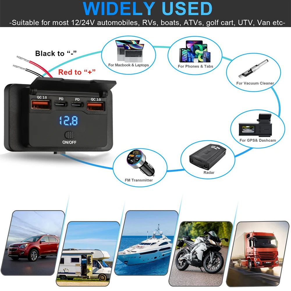 90W 3 Ports Dual PD Car Charger Socket with ON OFF Switch 18W QC3.0 Fast Charging for Motorbike Car Boat ATV UTV Camper Caravans
