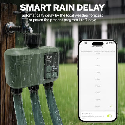 3 Zone Water Timer with, Tuya Wifi+RF433, Featuring IPX5 Waterproof, Rain Delay, Intelligent Irrigation, Suitable for the Garden