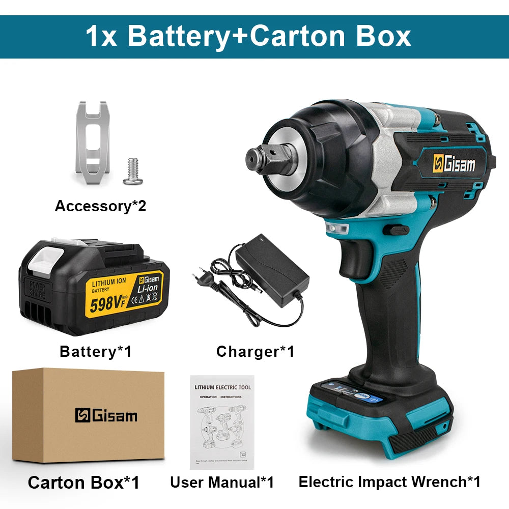Gisam 1800N.M Torque Brushless Electric Impact Wrench 1/2 inch Screwdriver Cordless Wrench Power Tool For Makita 18V Battery Pin