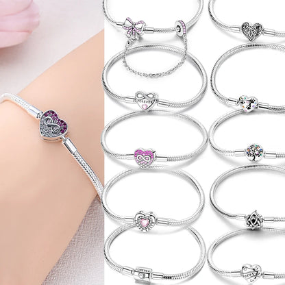 Original 925 Sterling Silver Charm Bracelets Heart Clip Bead Snake Chain Bracelet Fit Charms Beads Diy For Woman Fine Jewelry