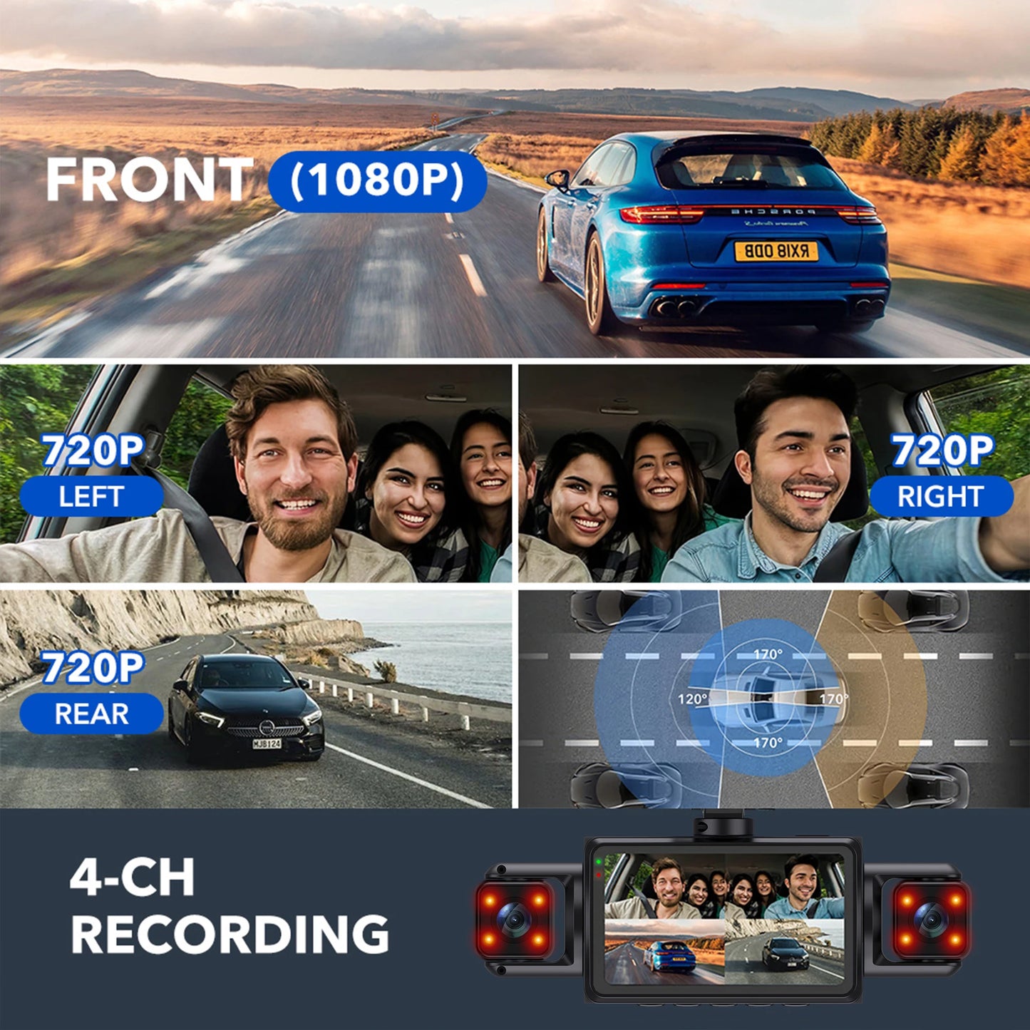 Car Dash Cam 4 Channel Black Box WiFi Driving Camera FHD 1080P Front Left Right Rear Night Vision Loop Recording Add Hardwire