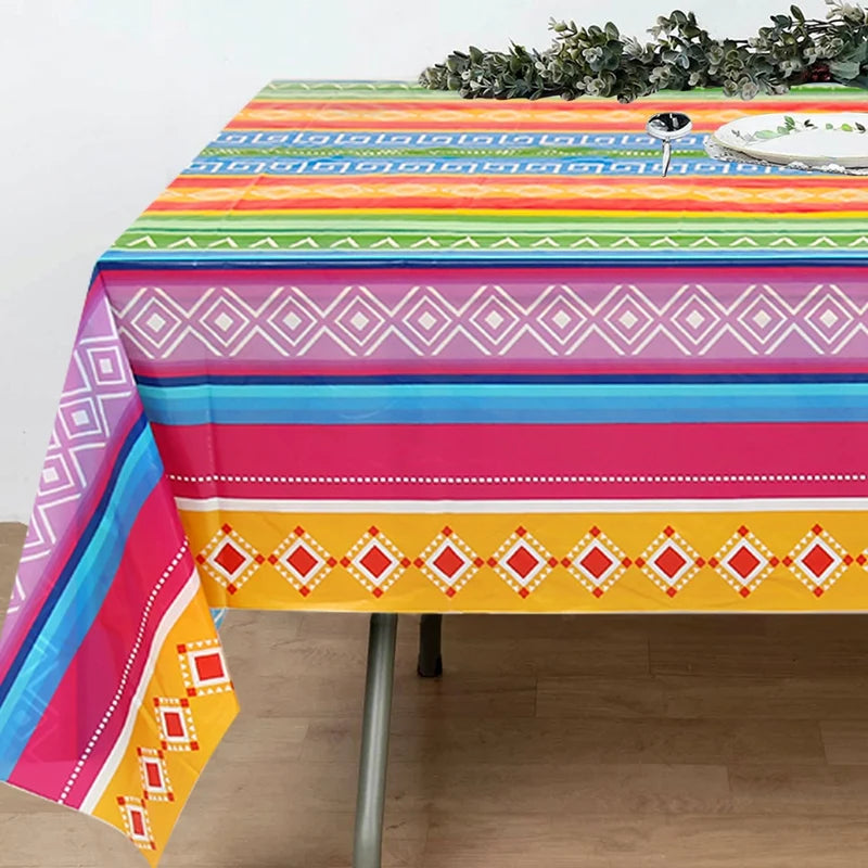 Mexican Stripes Plastic Tablecloth Holiday Party Decor Day of The Dead Waterproof Rectangle Tablecloth Mexican Fiesta Decoration