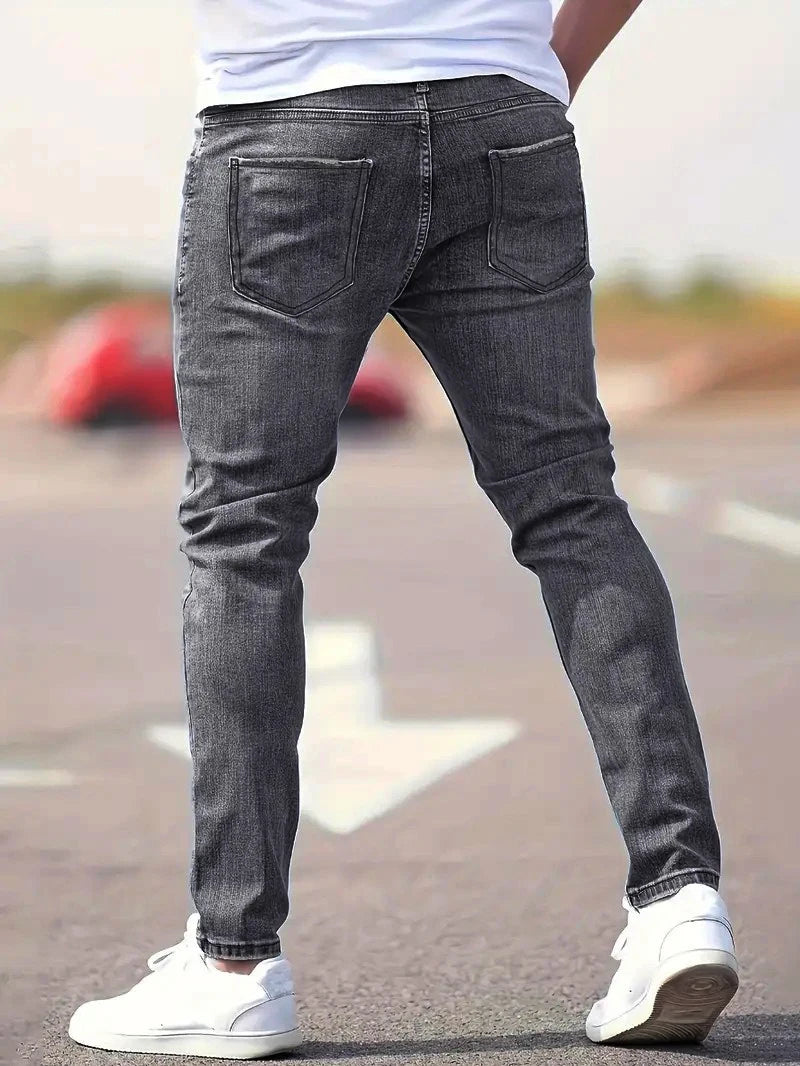 Men's American Retro Hole-Punched Stretch Slim Fit Jeans Zipper Casual Streetwear Denim Pants Classic Black Blue Skinny Trousers