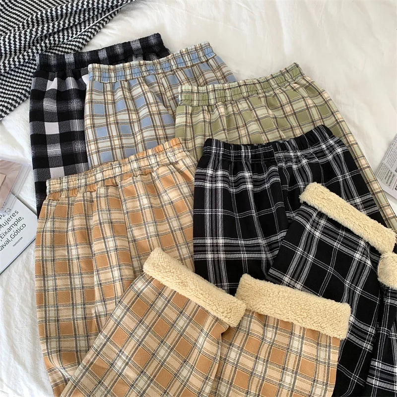 JMPRS Fashion Warm Plush Pants Thick Plaid Women Casual Loose Wide Leg Trousers Korean Streetwear Straight Student Pants New