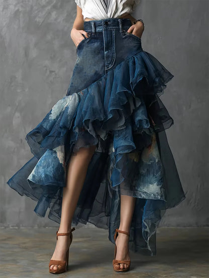 Women's Denim Patchwork Ruffle Maxi Skirt High Waisted Asymmetrical Sheer Tulle Layered Skirt For Female Fashion Outfits  Skirts