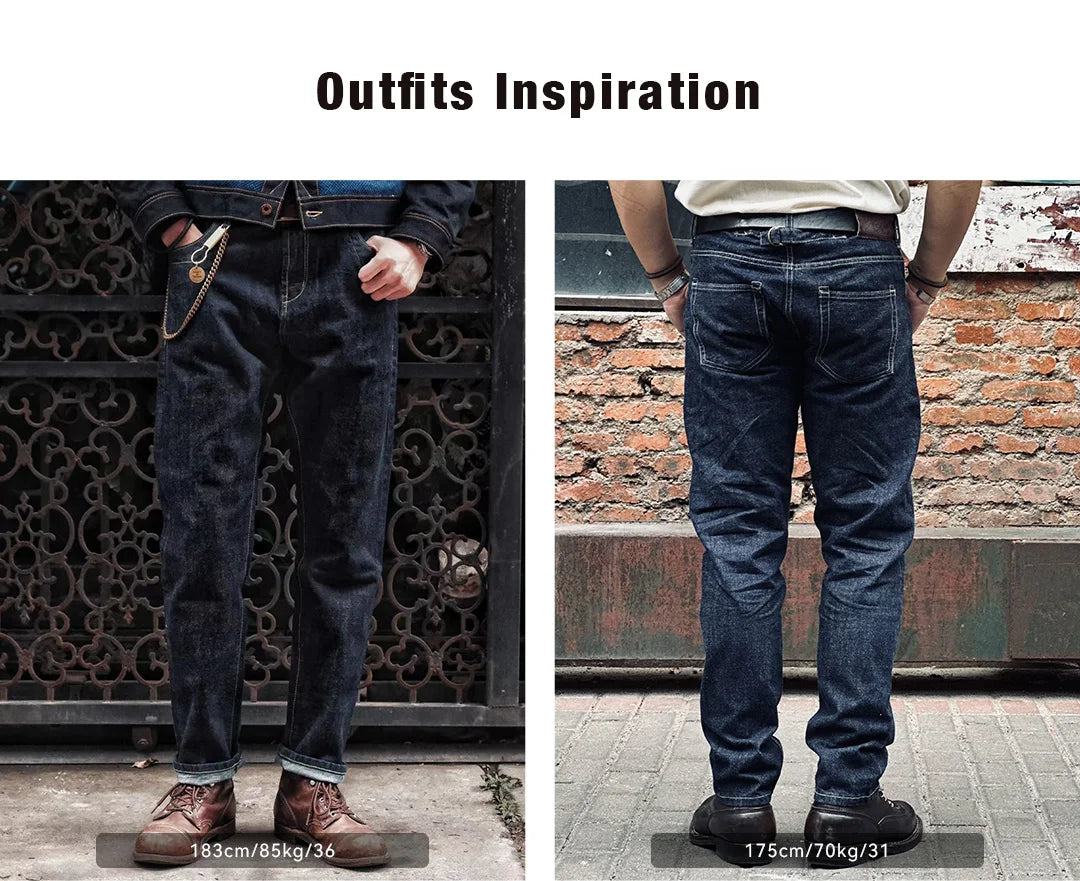 Maden Vintage 14oz Selvedge Raw Denim Jeans Horsehair Leather Patch Straight Fit Jeans Men's Spring and fall Paris Buckle Pants