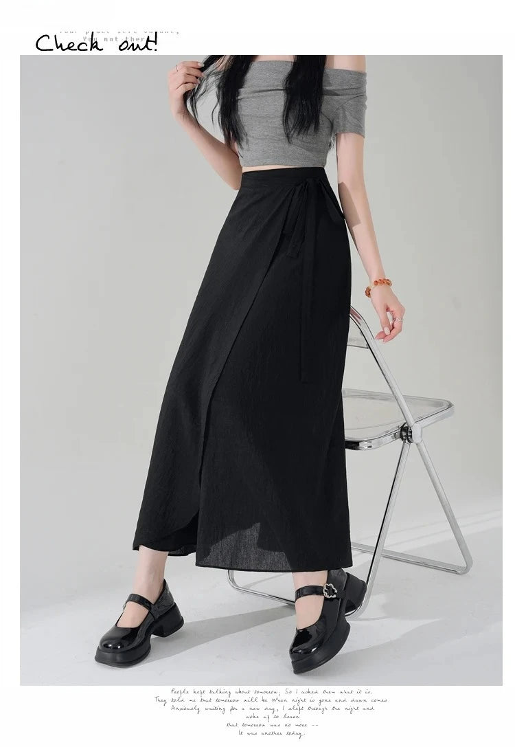 Chic Korea Clothes Summer Women Cute Sweet GIrls Solid Robe Holiday Date High Waist Retro Vintage Wrap One-Piece Lace-Up Skirts