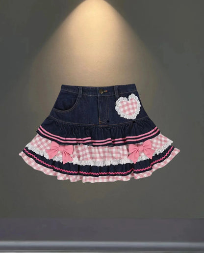 Skirt Women's 2025 New Summer Pink High-grade Pleated Denim Skirt Women's Clothes Bow Sweet Style