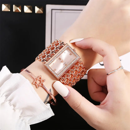 Luxury Noble Gold Ladies Quartz Watch Fashion Women's Skeleton Bracelet full Dress Clock Watches