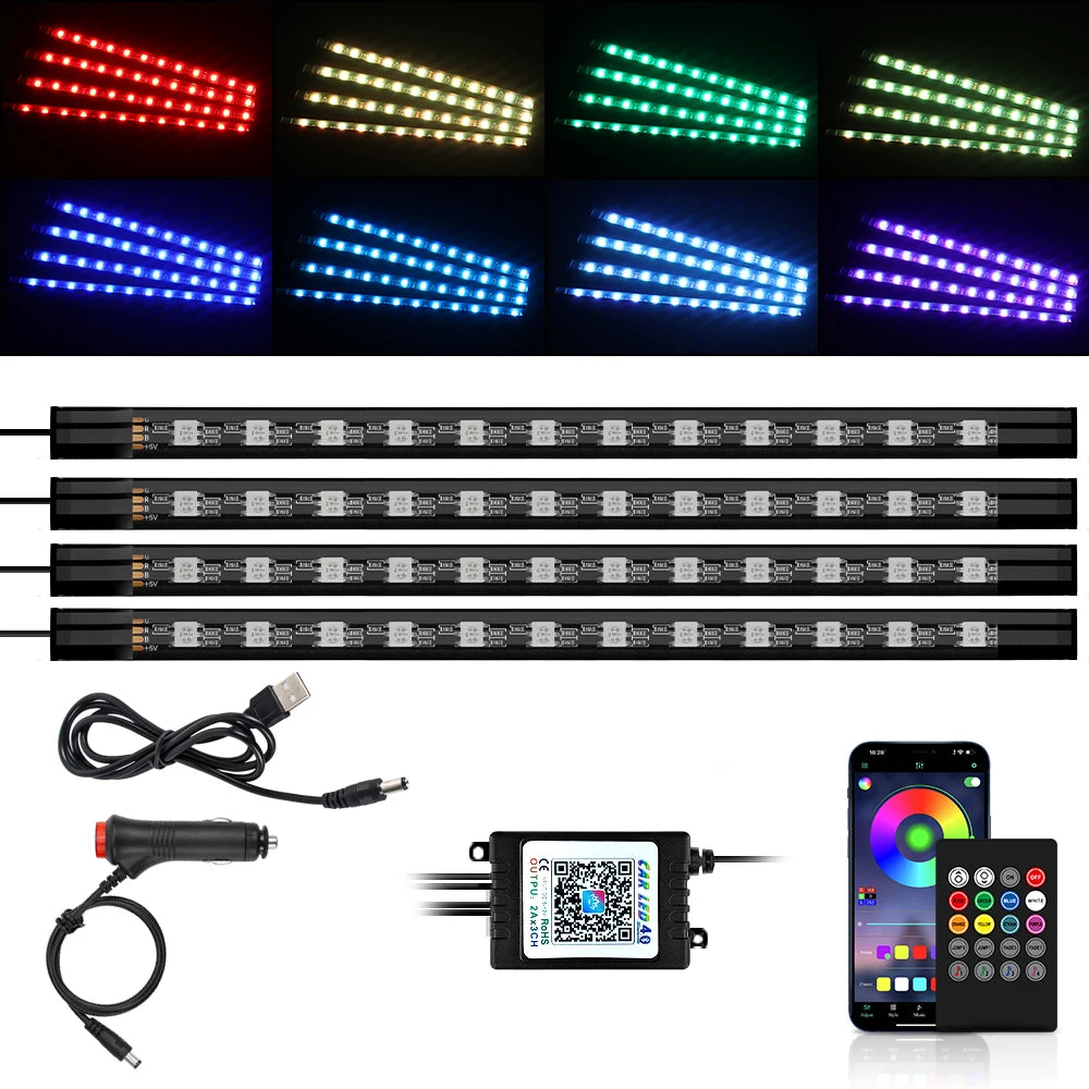Car Interior Light Ambient Light with USB Cigarette Decorative Lamps RGB Car Footwell Light with Remote/Voice Control