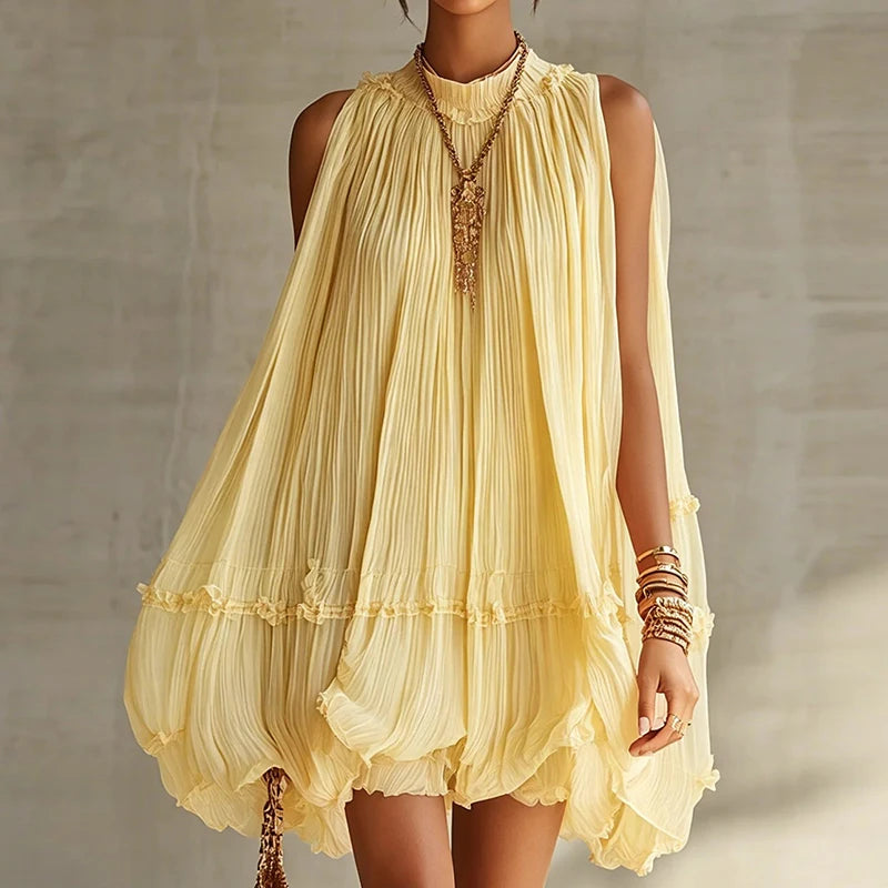 2026 Women Solid O-Neck Princess Party Dress Spring Summer Sexy Sleeveless Ladies Loose Ruched Dresses Streetwear Dropshipping