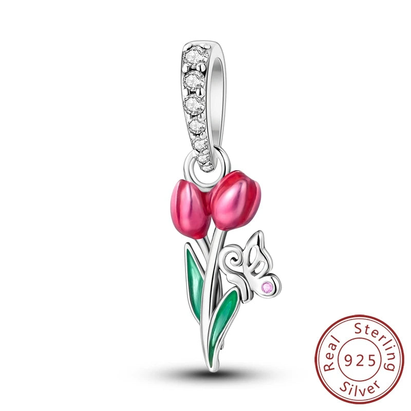 Original 925 Sterling Silver Charm Beads Clover Sunflower Tulip Carnation Pendant For Women Jewelry Fashion Gift