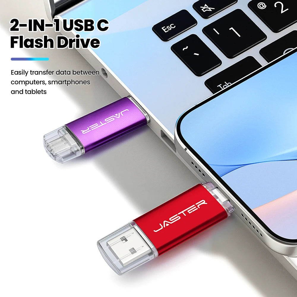 JASTER High Speed TYPE C 2in1 USB Flash Drive 64GB Metal Pen Drive Smart Phone Car TV 8GB Office Gift Memory Stick Fast Delivery
