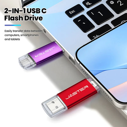 JASTER High Speed TYPE C 2in1 USB Flash Drive 64GB Metal Pen Drive Smart Phone Car TV 8GB Office Gift Memory Stick Fast Delivery