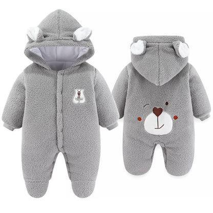 Cute Plush Bear Baby Boy Romper Infant Girl Overall Jumpsuit Autumn Winter Warm Fleece Hooded Baby Rompers Newborn Clothes 0-12M