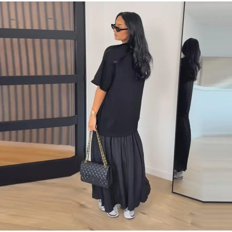 2026 Summer New Loose Patchwork Dresses Women's Pleated Fashion Short Sleeve O-neck Long Robes Female Elegant Casual Dress