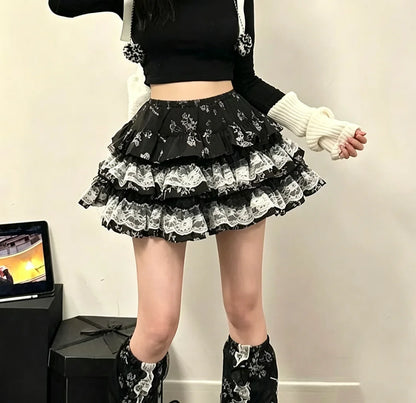 Y2K Punk Gothic Lace Tiered Skirt Women High Waist Ruffle Mini Skirt Harajuku Streetwear Alternative Fashion Short Skirt