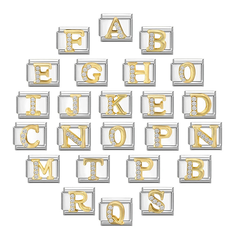 New Girls Italian Bracelet 26 English Letters Charm Stainless Steel Bangle Gold Color Inlaid Zirconia DIY Making Jewelry Gifts
