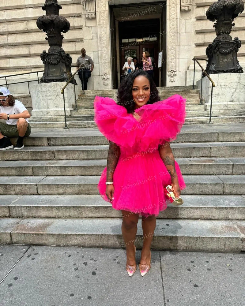 O-neck Hot Pink Ruffled Layered Fuchsia Mini Length Oganza Party Dress Ever Pretty Custom Made Cocktail Dresses Ever Pretty