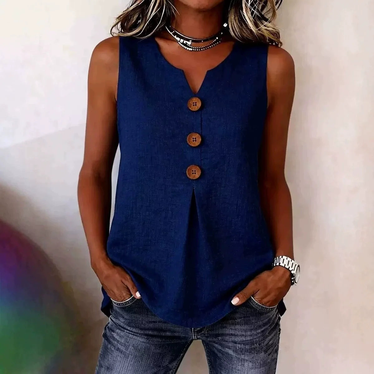 Summer 2026 Women's Blouses Fashion Button Cotton Linen Sleeveless Shirts Casual Solid Colors V-Neck Loose Plus Size Tank Tops