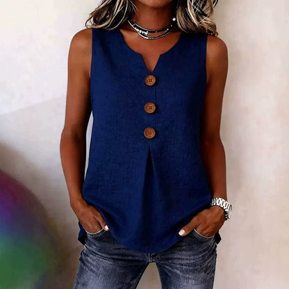 Summer 2026 Women's Blouses Fashion Button Cotton Linen Sleeveless Shirts Casual Solid Colors V-Neck Loose Plus Size Tank Tops