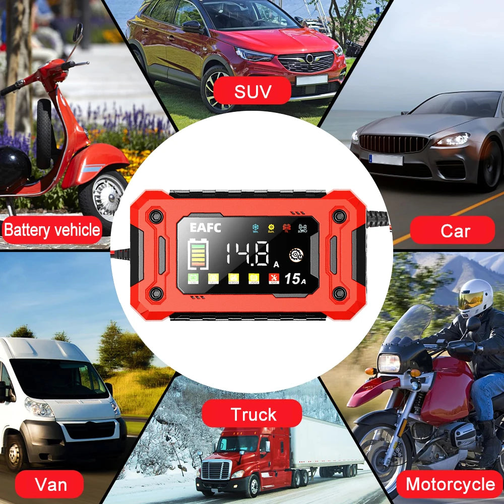 Newest 12V Car Battery Charger 15A/8A Pulse Repair Large Display Smart Charger for Car Motorcycle Lead Acid AGM GEL Batteries