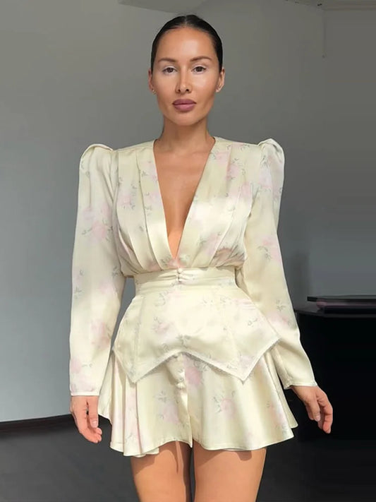 Sexy Women's Dress Deep V-neck Full Sleeve Waistband Two Piece Female Print Floral Sets 2026 Summer Party New Holiday Lady Suit