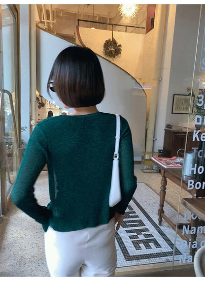 Women Shiny Gold Thread Spring Summer Ice Silk Knitted Cardigan Ribbed Pearl Button Sun Protection Top V-neck Ice Silk Knitwear