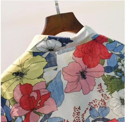 Blue Floral Print Vintage Polo-Neck Single Breasted Long Sleeve Women's Blouse Shirt Casual Female Clothing Tops Fashion 2024