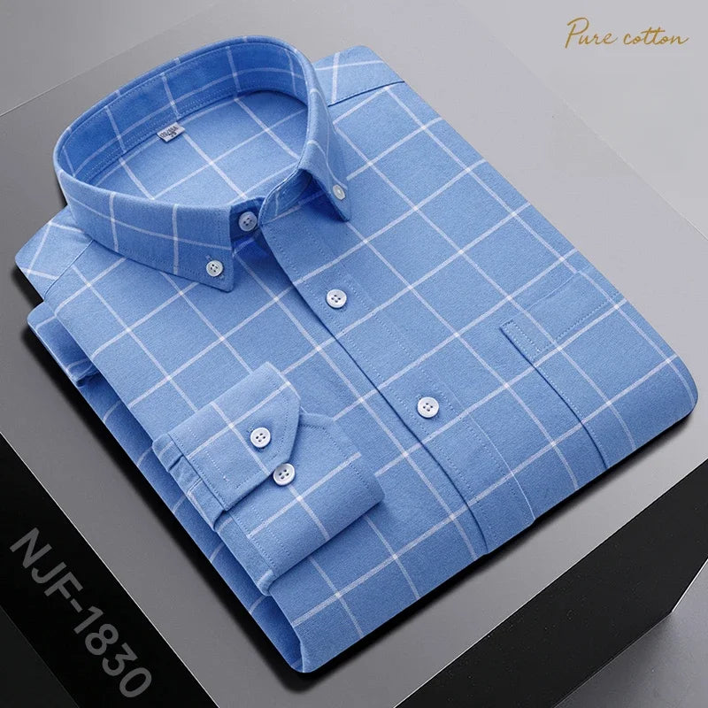 New In Shirt Oversize Long-Sleeve 100%Cotton Shirts for Men Slim Fit Formal Plain Shirt Plaid Casual Tops Designer Black Clothes