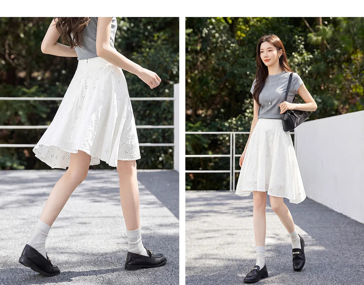 SENTUBILA Women's White Cotton Summer Skirt 2026 Woman Fashion Hollow Embroidery A-Line Short Skirt Female Clothes Q62QG7173