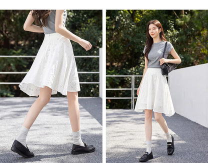 SENTUBILA Women's White Cotton Summer Skirt 2026 Woman Fashion Hollow Embroidery A-Line Short Skirt Female Clothes Q62QG7173